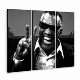 Ručno oslikana POP Art slika Ray Charles 3 dijela rc – 3D vizualizacija ručno oslikanog platna na bijeloj pozadini. Dominantne boje: crna, bijela, siva.
