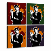 Ručno oslikana POP Art slika Scarface - AL PACINO 4 dijela al36 – 3D vizualizacija ručno oslikanog platna na bijeloj pozadini. Dominantne boje: crna, narančasta, crvena, zelena, ljubičasta.
