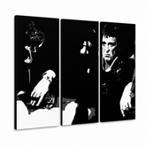 Ručno oslikana POP Art slika SCARFACE-AL PACINO 6 dijelova al5 – 3D vizualizacija ručno oslikanog platna na bijeloj pozadini. Dominantne boje: crna, bijela.