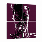 Ručno oslikana POP Art slika TERMINATOR, 4 dijela ter – 3D vizualizacija ručno oslikanog platna na bijeloj pozadini. Dominantne boje: crna, bijela, ljubičasta.