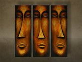 Ručno oslikana slika na platnu s motivom tri apstraktna lica u smeđim tonovima – 3D prikaz platna s vidljivim drvenim okvirom, Papilora.