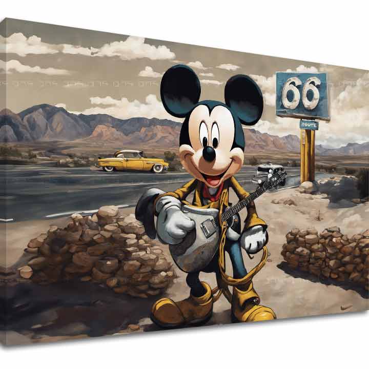 Slika na platnu s motivom mickey mouse s gitarom na ruti 66 – 3D prikaz platna s vidljivim drvenim okvirom, Papilora.