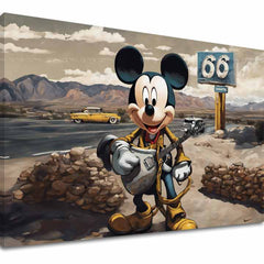 Slika na platnu s motivom mickey mouse s gitarom na ruti 66 – 3D prikaz platna s vidljivim drvenim okvirom, Papilora.