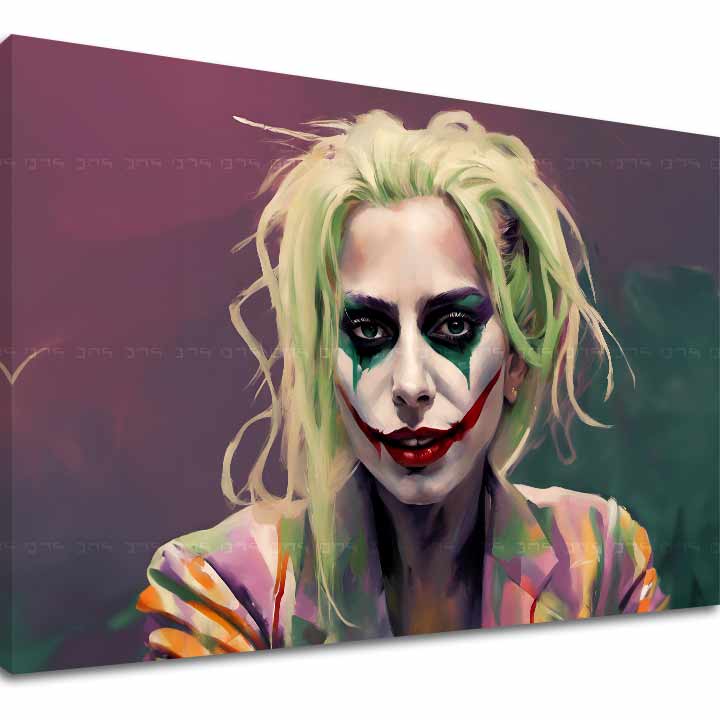 Slika na platnu s motivom žena s joker šminkom i zelenom kosom – 3D prikaz platna s vidljivim drvenim okvirom, Papilora.
