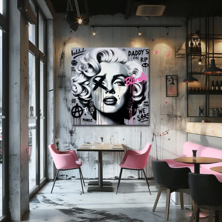 Slika na platnu s motivom Marilyn Monroe u pop art stilu obješena u modernom stilskom interijeru iznad drvene konzole s vazom i svijećom, Papilora.