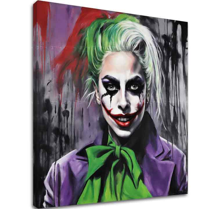 Slika na platnu s motivom žena s joker šminkom – 3D prikaz platna s vidljivim drvenim okvirom, Papilora.