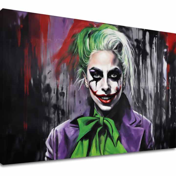 Slika na platnu s motivom žena s joker šminkom i zelenom kosom – 3D prikaz platna s vidljivim drvenim okvirom, Papilora.