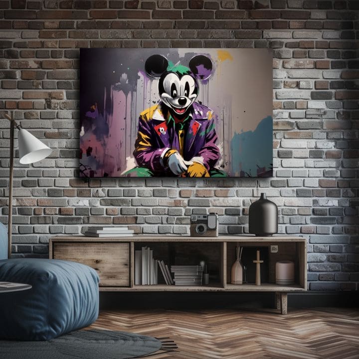 Slika na platnu s motivom mickey mouse kao joker obješena u modernom stilskom interijeru iznad drvene konzole s vazom i svijećom, Papilora.