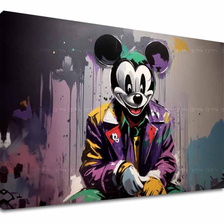 Slika na platnu s motivom mickey mouse kao joker – 3D prikaz platna s vidljivim drvenim okvirom, Papilora.