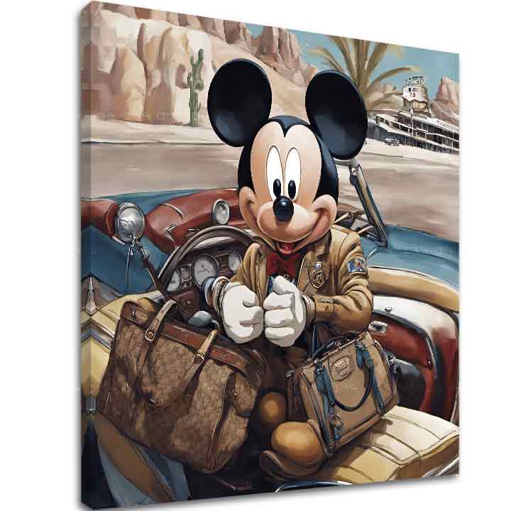 Slika na platnu s motivom mickey mouse u autu s torbama – 3D prikaz platna s vidljivim drvenim okvirom, Papilora.