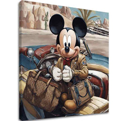 Slika na platnu s motivom mickey mouse u autu s torbama – 3D prikaz platna s vidljivim drvenim okvirom, Papilora.