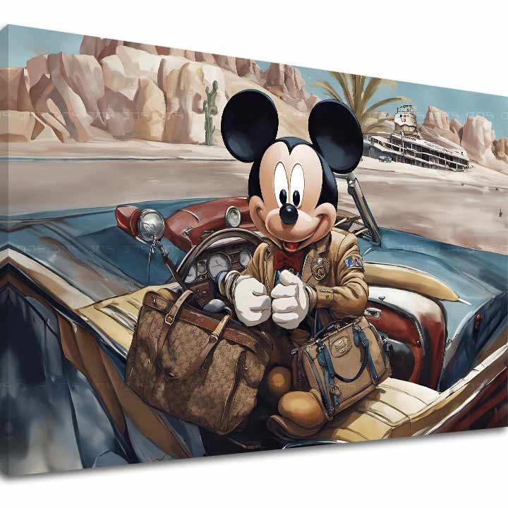 Slika na platnu s motivom mickey mouse u autu s prtljagom – 3D prikaz platna s vidljivim drvenim okvirom, Papilora.
