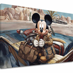 Slika na platnu s motivom mickey mouse u autu s prtljagom – 3D prikaz platna s vidljivim drvenim okvirom, Papilora.