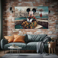 Slika na platnu s motivom mickey mouse s hrpom zlata obješena u modernom stilskom interijeru iznad drvene konzole s vazom i svijećom, Papilora.