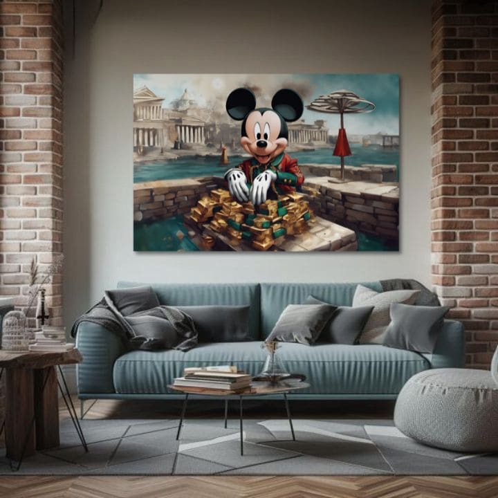 Slika na platnu s motivom mickey mouse s hrpom zlata obješena u modernom stilskom interijeru iznad drvene konzole s vazom i svijećom, Papilora.