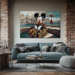 Slika na platnu s motivom mickey mouse s hrpom zlata obješena u modernom stilskom interijeru iznad drvene konzole s vazom i svijećom, Papilora.