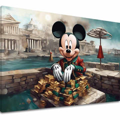 Slika na platnu s motivom mickey mouse s hrpom zlata – 3D prikaz platna s vidljivim drvenim okvirom, Papilora.