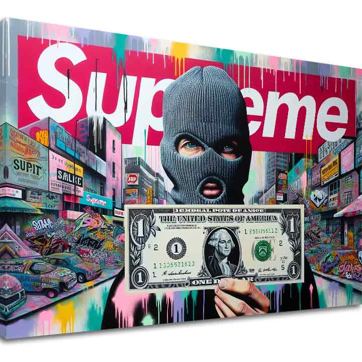 Slika na platnu s motivom osoba u balaklavi s dolarom, grafiti – 3D prikaz platna s vidljivim drvenim okvirom, Papilora.