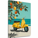 Slika na platnu s motivom žuta vespa na plaži s narančama – 3D prikaz platna s vidljivim drvenim okvirom, Papilora.