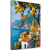 Slika na platnu s motivom mediteranski krajolik s limunima i morem – 3D prikaz platna s vidljivim drvenim okvirom, Papilora.