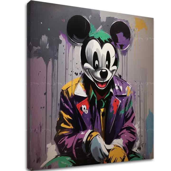 Slika na platnu s motivom mickey mouse u ljubičastoj jakni – 3D prikaz platna s vidljivim drvenim okvirom, Papilora.
