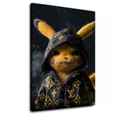 Slika na platnu s motivom pikachu u crnoj dukserici sa žutim uzorkom – 3D prikaz platna s vidljivim drvenim okvirom, Papilora.