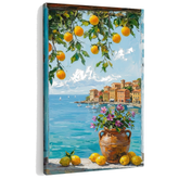 Slika pogled na mediteransku obalu s limunima na platnu – 3D vizualizacija canvasa s vidljivim drvenim okvirom, Papilora Premium Art.