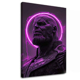 Slika na platnu s motivom Thanos s ljubičastim neonskim krugom – 3D prikaz platna s vidljivim drvenim okvirom, Papilora.
