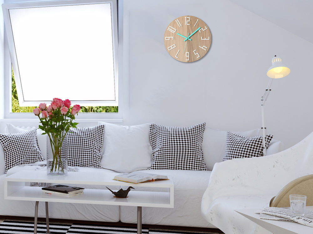 Drveni zidni sat SLIM bijeli-mentol