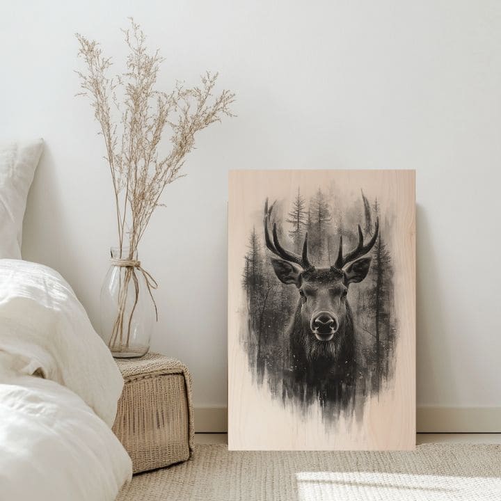 Slika na drvu - Jelen u tihoj maglici