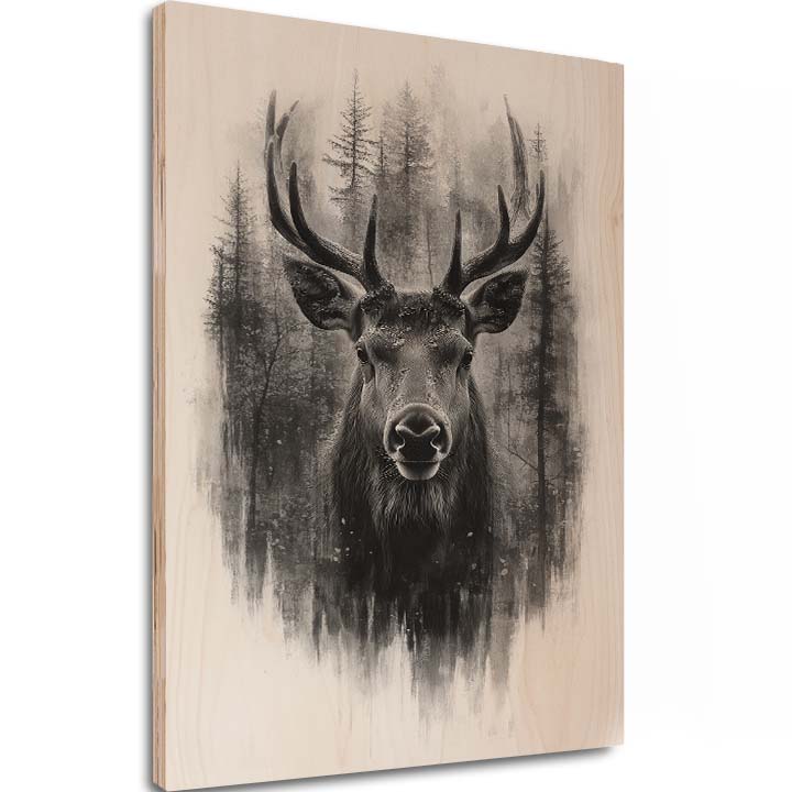 Slika na drvu - Jelen u tihoj maglici