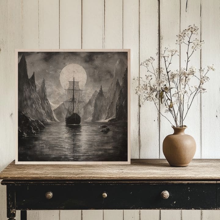 Slika na drvu - Drakkar pod mjesecom
