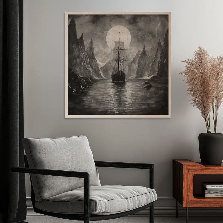 Slika na drvu - Drakkar pod mjesecom