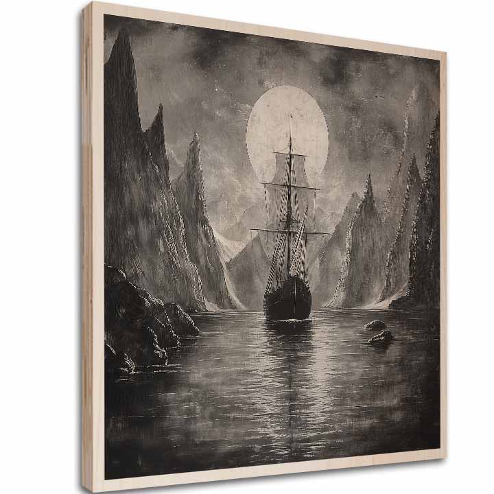 Slika na drvu - Drakkar pod mjesecom