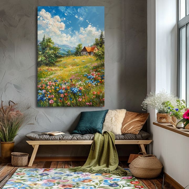 Pejzažna slika na platnu Kućica u planinama | Akrilni detalji