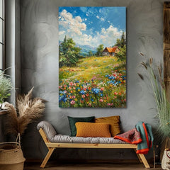 Pejzažna slika na platnu Kućica u planinama | Akrilni detalji