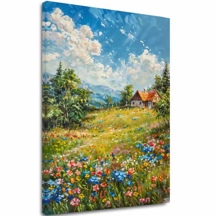 Pejzažna slika na platnu Kućica u planinama | Akrilni detalji
