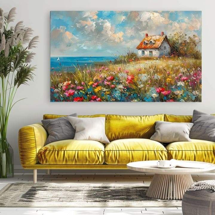 Slika krajolika na platnu Seoska kuća u cvijeću | Akrilni detalji