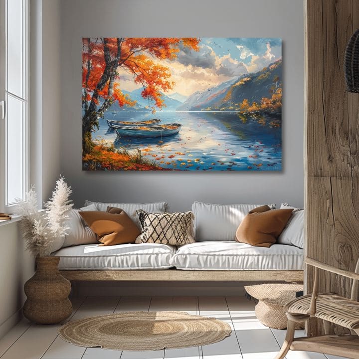 Pejzažna slika na platnu Jesenje lišće uz jezero | Akrilni detalji