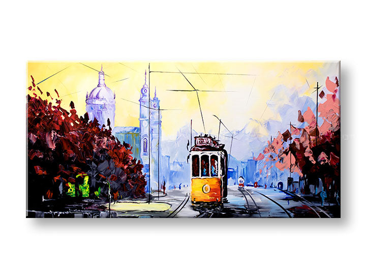 Slika na platnu s motivom ulični tramvaj u gradu – 3D prikaz platna s vidljivim drvenim okvirom, Papilora.