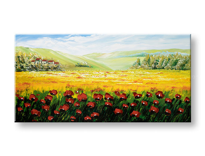 Slika na platnu s motivom polje maka s kućama i brdima – 3D prikaz platna s vidljivim drvenim okvirom, Papilora.