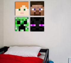 Slika na platnu s motivom minecraft likovi i čudovišta obješena u modernom stilskom interijeru iznad drvene konzole s vazom i svijećom, Papilora.