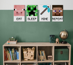 Slika na platnu s motivom minecraft likovi i alati obješena u modernom stilskom interijeru iznad drvene konzole s vazom i svijećom, Papilora.