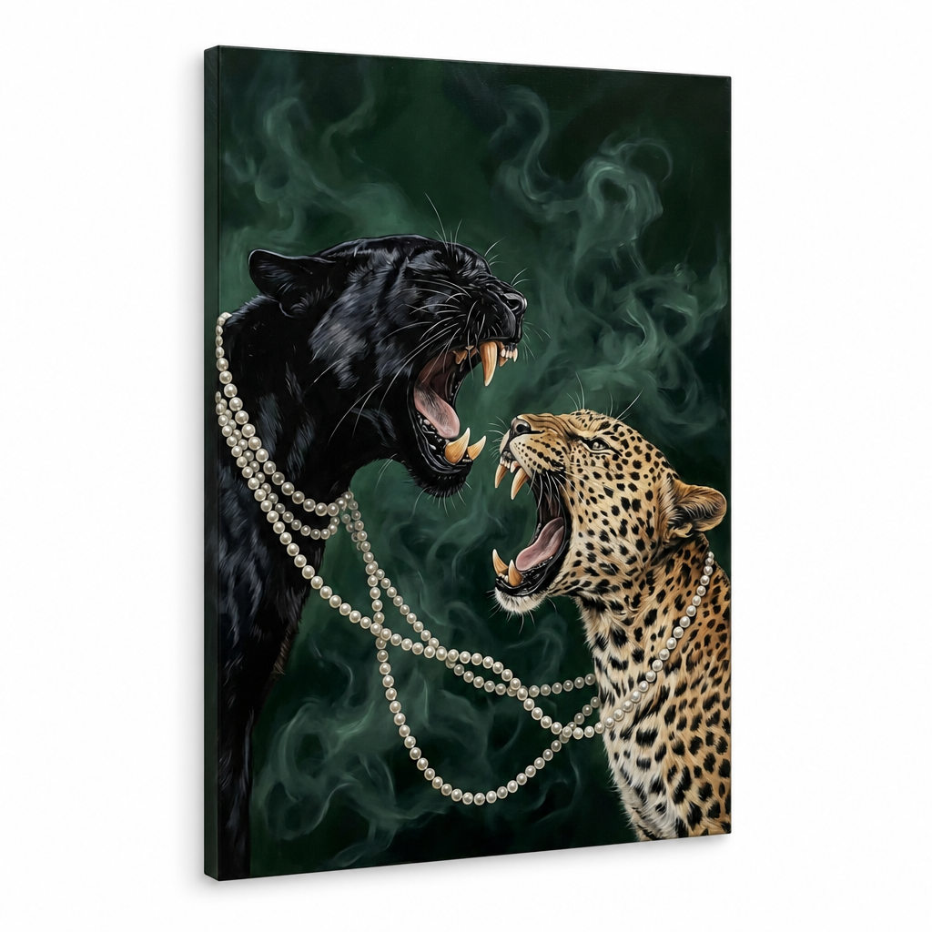 Moderna slika pantere i leoparda s bisernom ogrlicom na platnu, 3D prikaz kvalitetnog drvenog okvira, luksuzni zidni dekor, Papilora.