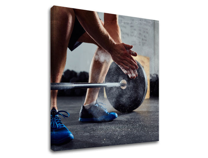 Slika na platnu s motivom sportaš s utezima i magnezijem – 3D prikaz platna s vidljivim drvenim okvirom, Papilora.