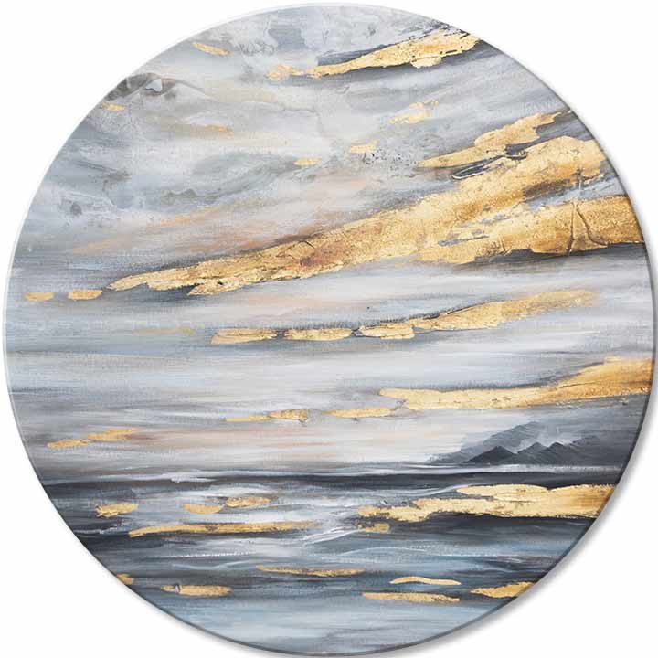 Ručno oslikana premium slika na platnu sa zlatnim akcentima s motivom apstraktni krajolik sa zlatnim oblacima – 3D prikaz platna s vidljivim drvenim okvirom, Papilora.