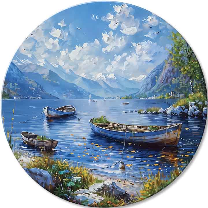 Ručno oslikana premium slika na platnu sa zlatnim akcentima s motivom planinski krajolik s jezerom i čamcima – 3D prikaz platna s vidljivim drvenim okvirom, Papilora.
