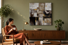 Oslikana slika na zidu ABSTRAKT 70x70 cm – ručno oslikana slika u elegantnom interijeru (Mid-century warm) | wall mockup | premium canvas | Papilora.sk