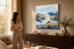 Oslikana slika za zid APSTRAKT 70x70 cm – ručno oslikana slika u elegantnom interijeru (Golden hour luxe) | wall mockup | premium platno | Papilora.sk