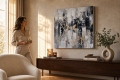 Oslikana slika za zid APSTRAKT 80x80 cm – ručno oslikana slika u elegantnom interijeru (Golden hour luxe) | wall mockup | premium platno | Papilora.sk